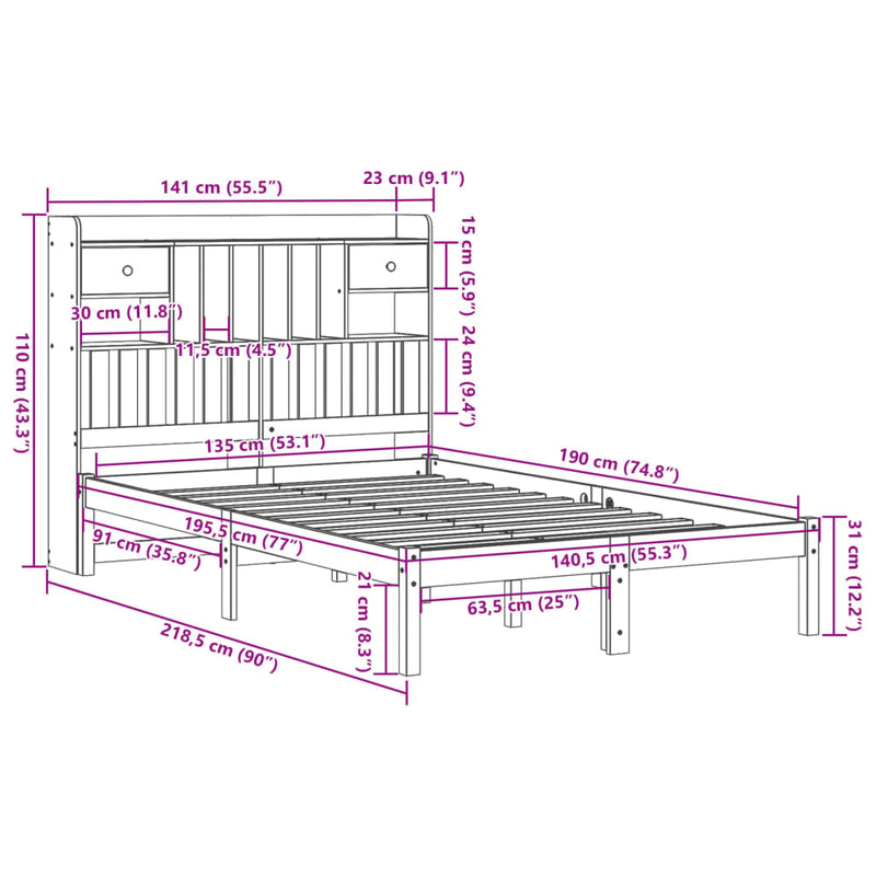 Seng med bokhylle uten madrass 135x190 cm heltre furu