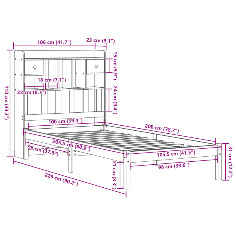 Seng med bokhylle uten madrass 100x200 cm heltre furu