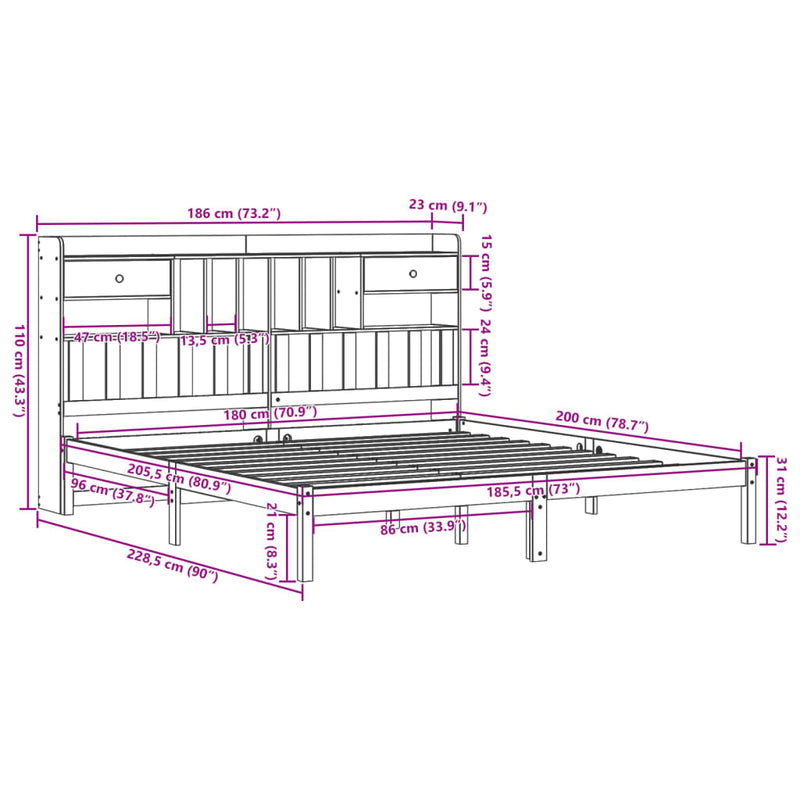 Seng med bokhylle uten madrass voksbrun 180x200 cm heltre furu