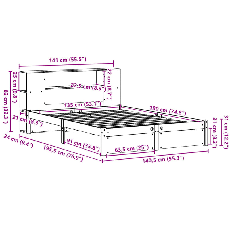 Seng med bokhylle uten madrass 135x190 cm heltre furu