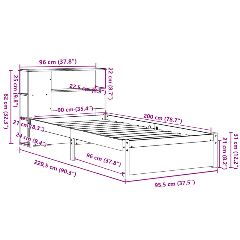 Seng med bokhylle uten madrass 90x200 cm heltre furu