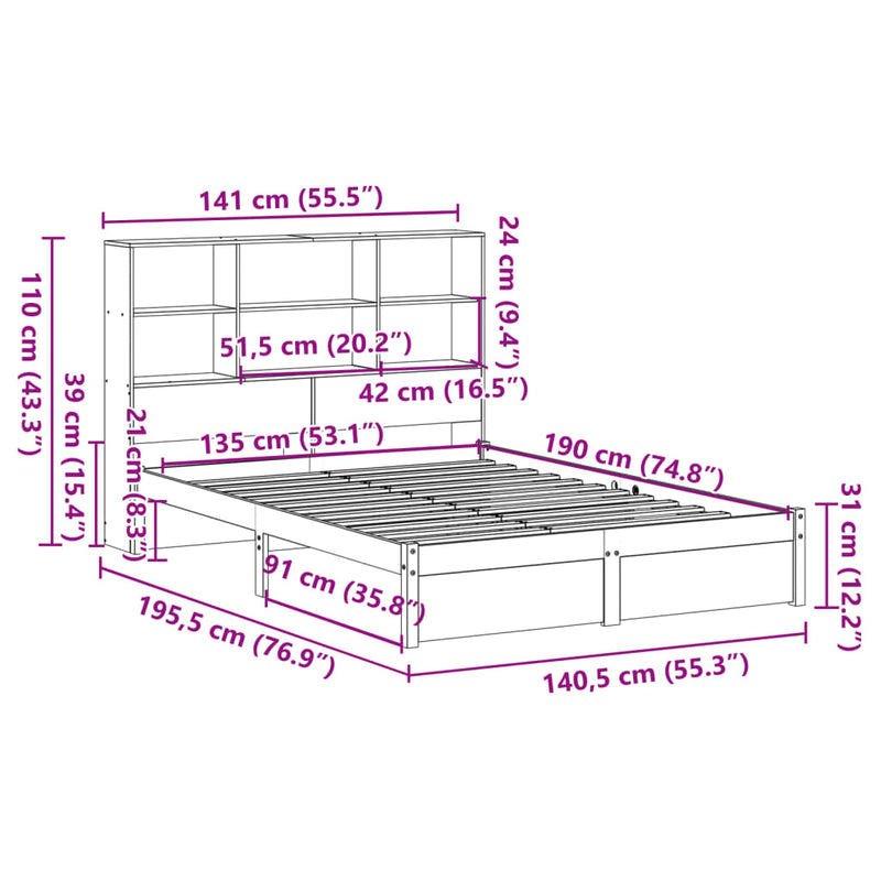 Seng med bokhylle uten madrass hvit 135x190 cm heltre furu