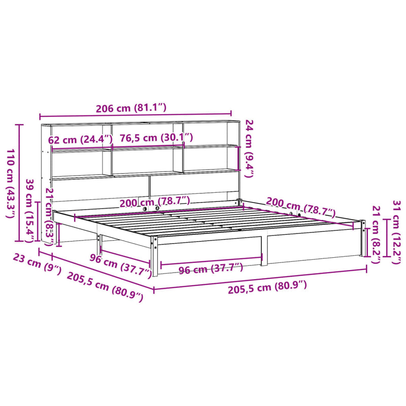 Seng med bokhylle uten madrass 200x200 cm heltre furu