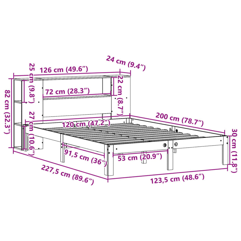 Seng med bokhylle uten madrass 120x200 cm heltre furu