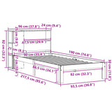 Seng med bokhylle uten madrass 90x190 cm heltre furu