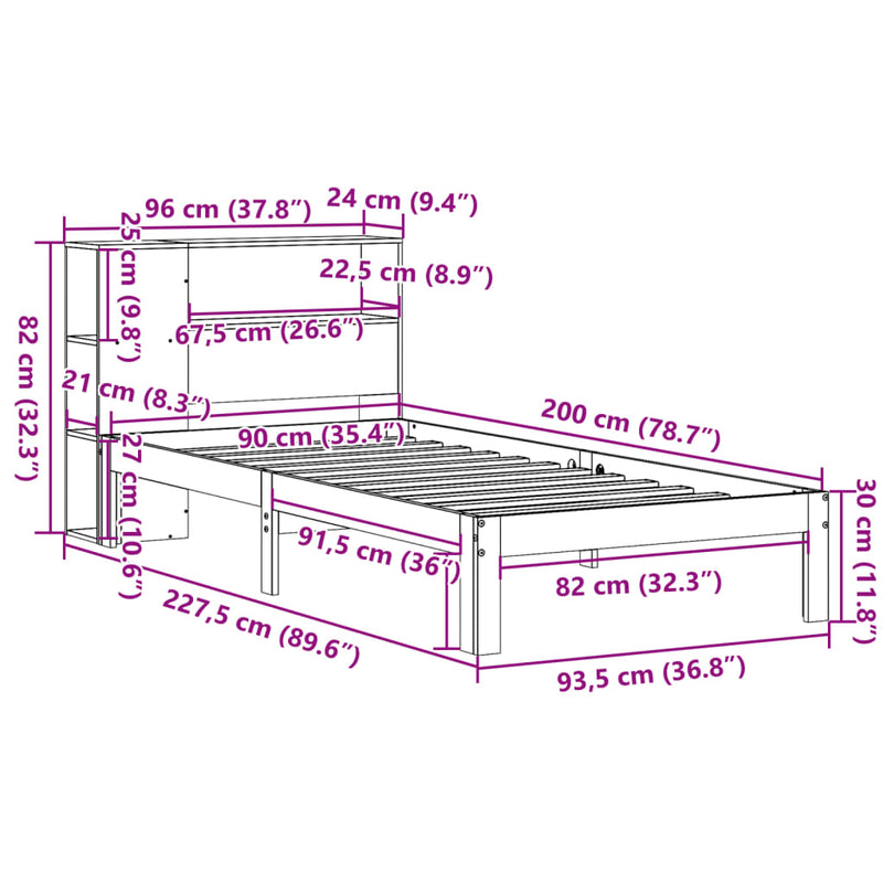 Seng med bokhylle uten madrass 90x200 cm heltre furu