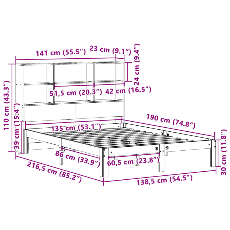 Seng med bokhylle uten madrass 135x190 cm heltre furu