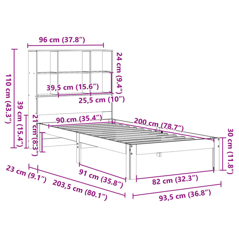 Seng med bokhylle uten madrass 90x200 cm heltre furu