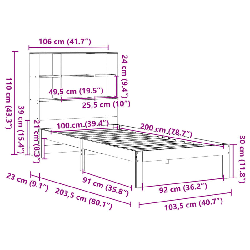 Seng med bokhylle uten madrass hvit 100x200 cm heltre furu