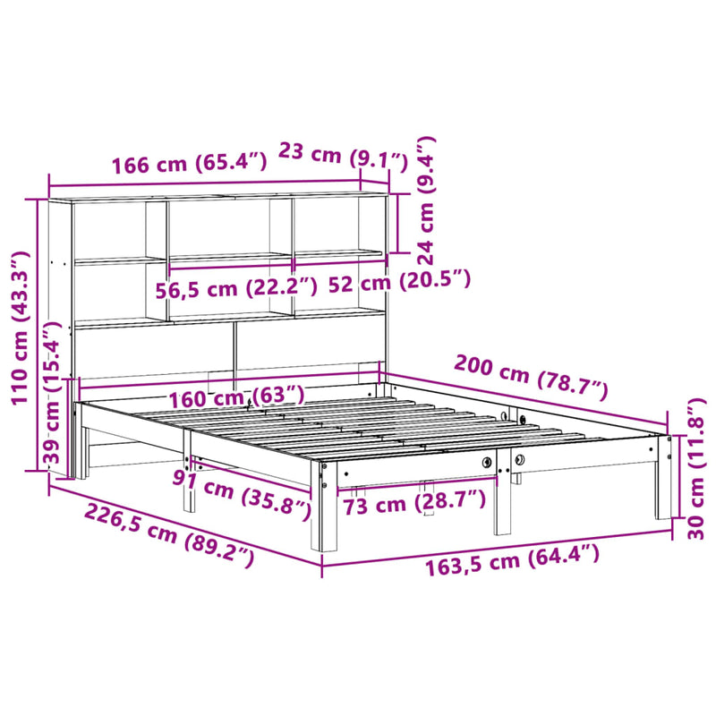 Seng med bokhylle uten madrass 160x200 cm heltre furu