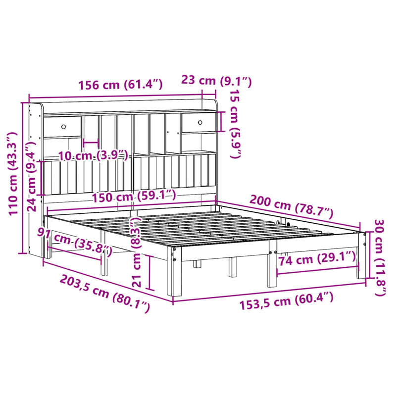 Seng med bokhylle uten madrass 150x200 cm heltre furu