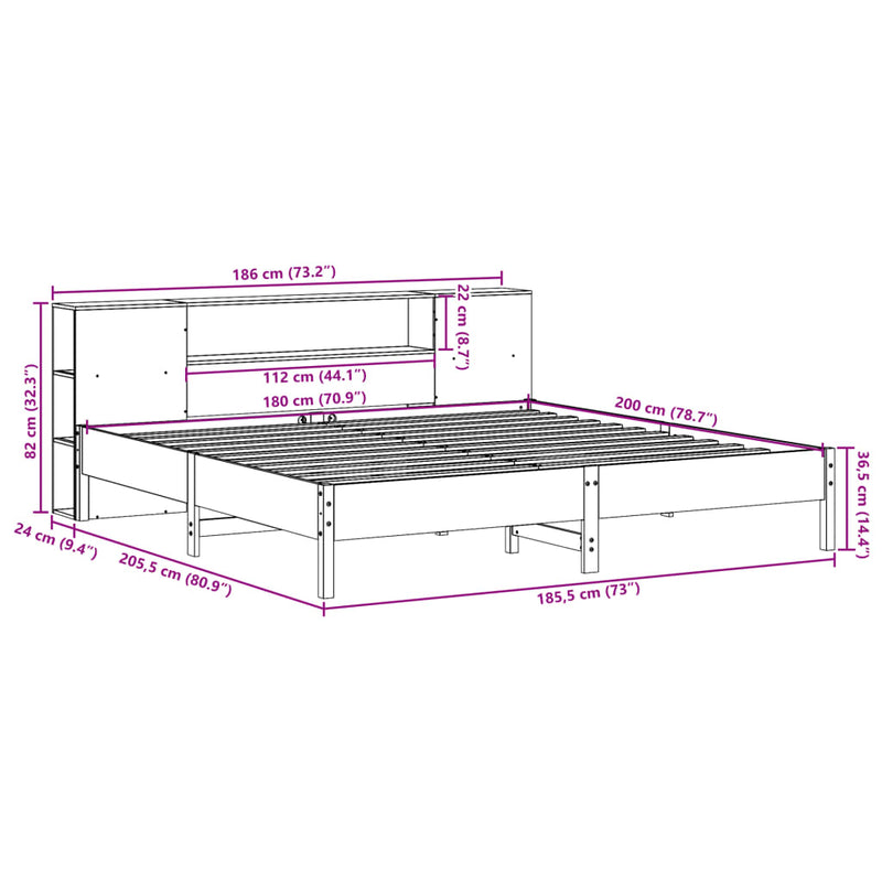 Seng med bokhylle uten madrass 180x200 cm heltre furu