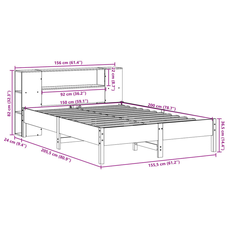 Seng med bokhylle uten madrass voksbrun 150x200 cm heltre furu