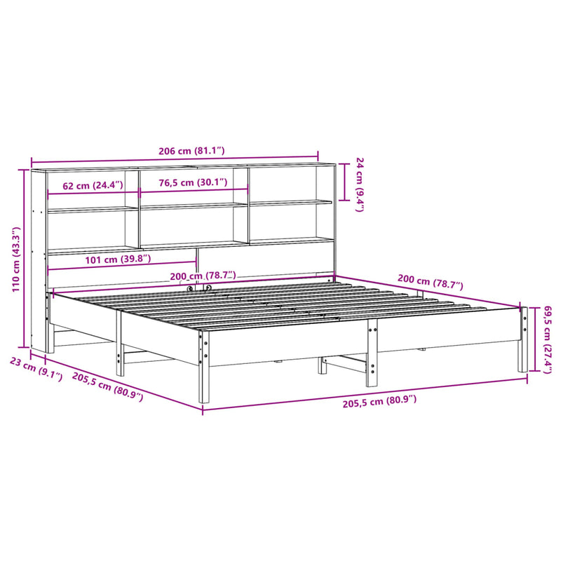 Seng med bokhylle uten madrass hvit 200x200 cm heltre furu