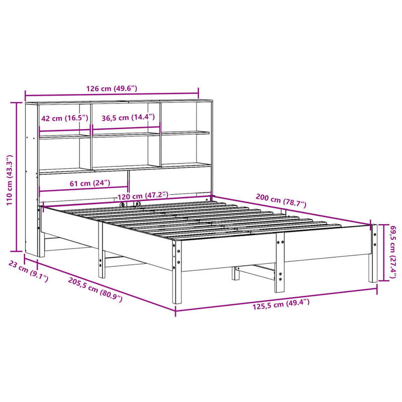 Seng med bokhylle uten madrass 120x200 cm heltre furu