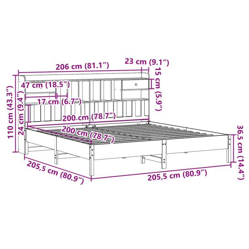 Seng med bokhylle uten madrass hvit 200x200 cm heltre furu