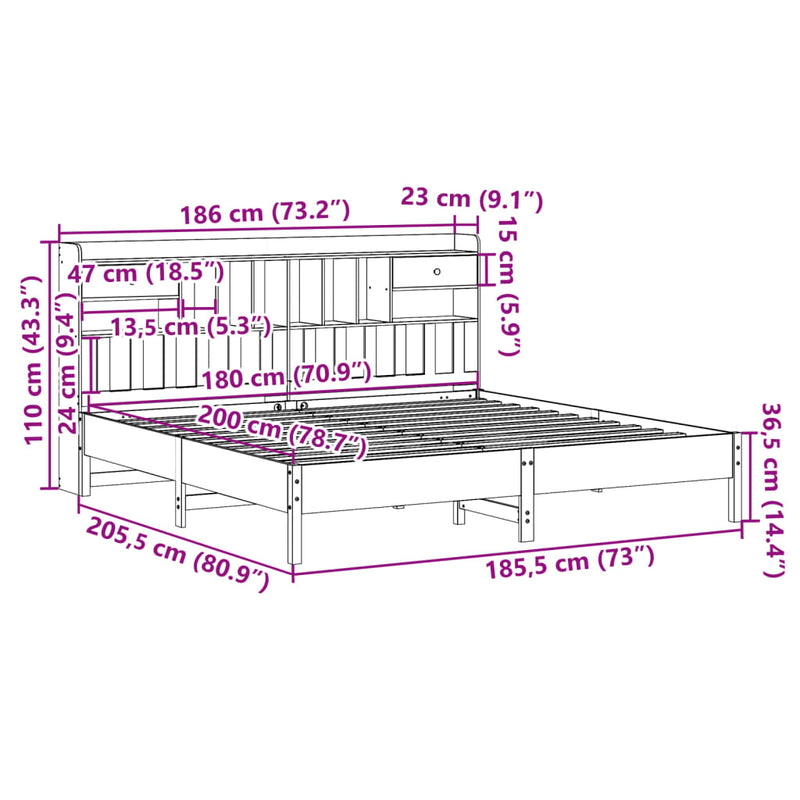 Seng med bokhylle uten madrass 180x200 cm heltre furu