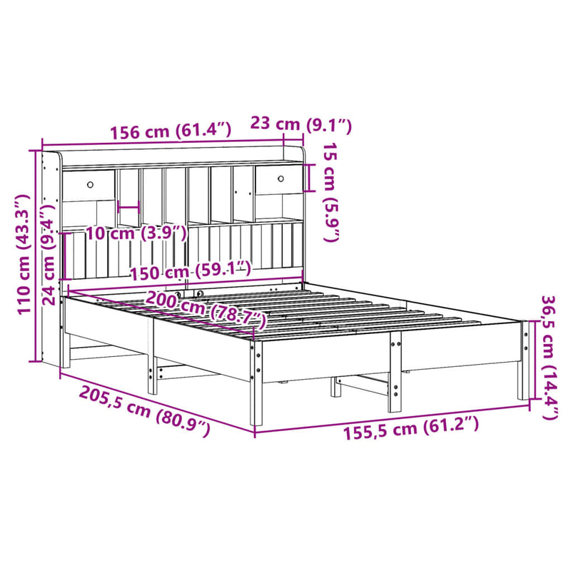 Seng med bokhylle uten madrass hvit 150x200 cm heltre furu