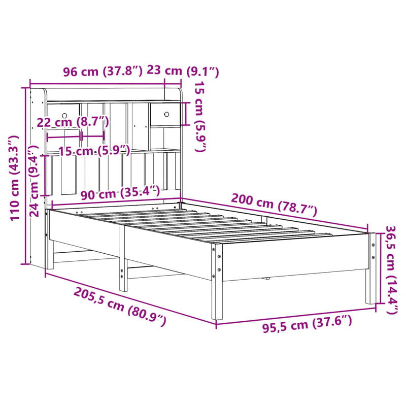 Seng med bokhylle uten madrass 90x200 cm heltre furu