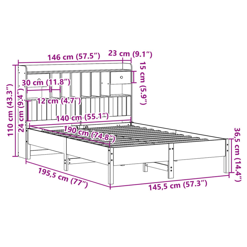 Seng med bokhylle uten madrass voksbrun 140x190 cm heltre furu