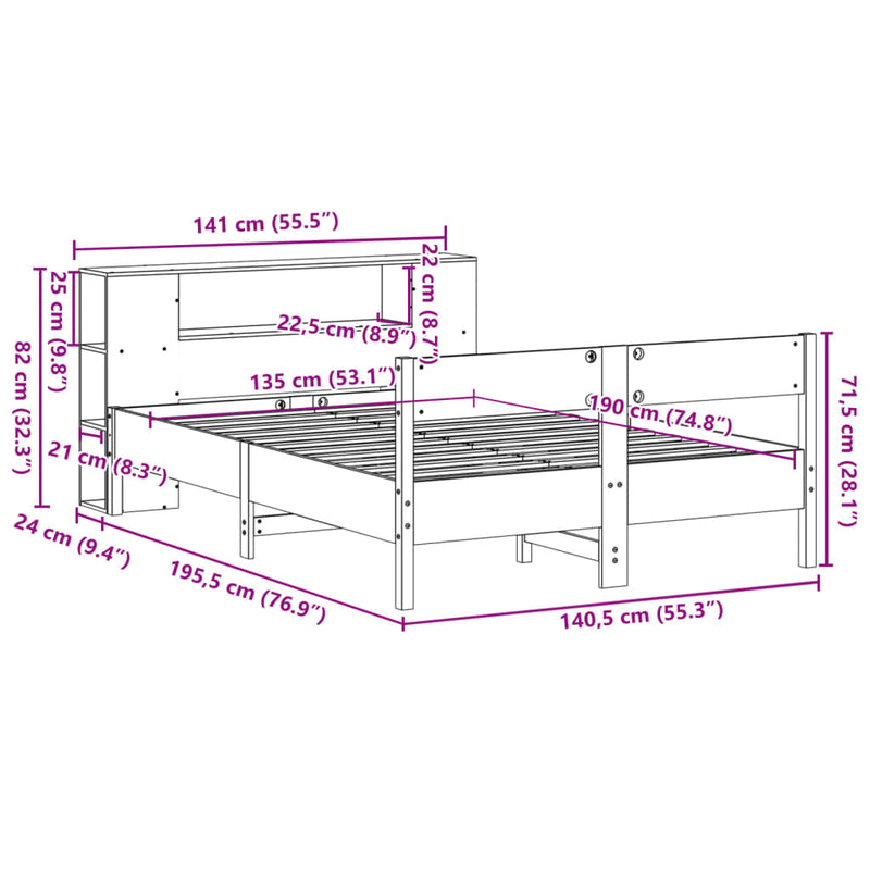 Seng med bokhylle uten madrass hvit 135x190 cm heltre furu