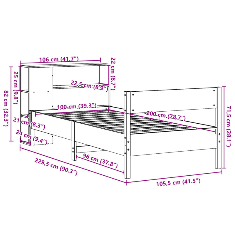 Seng med bokhylle uten madrass 100x200 cm heltre furu