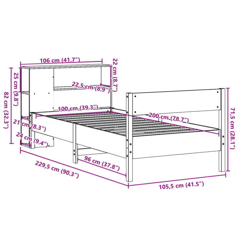 Seng med bokhylle uten madrass hvit 100x200 cm heltre furu