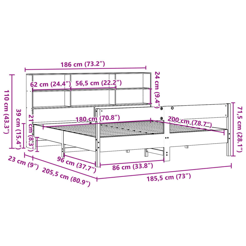 Seng med bokhylle uten madrass voksbrun 180x200 cm heltre furu