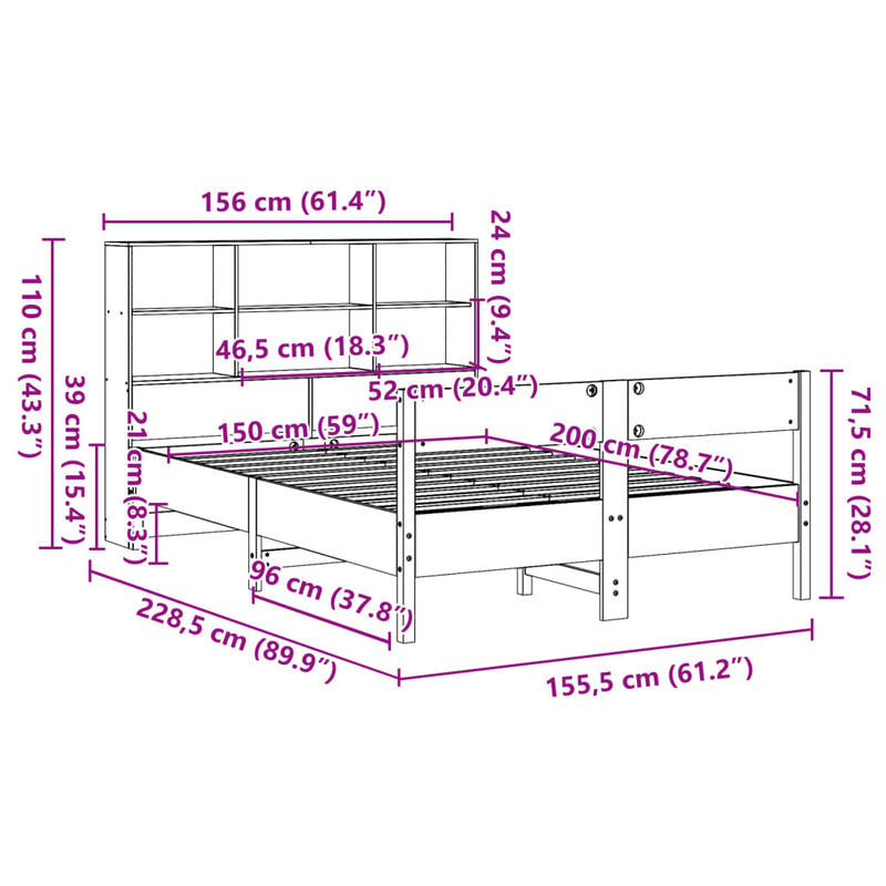 Seng med bokhylle uten madrass hvit 150x200 cm heltre furu