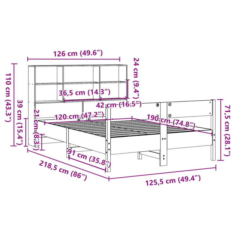 Seng med bokhylle uten madrass voksbrun 120x190 cm heltre furu