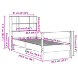 Seng med bokhylle uten madrass voksbrun 75x190 cm heltre furu