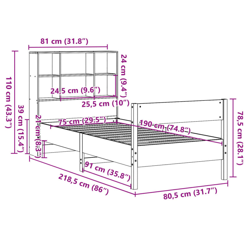 Seng med bokhylle uten madrass voksbrun 75x190 cm heltre furu