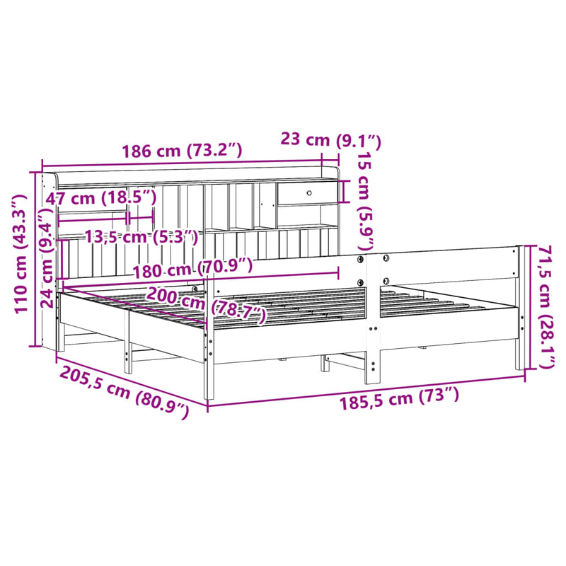 Seng med bokhylle uten madrass hvit 180x200 cm heltre furu