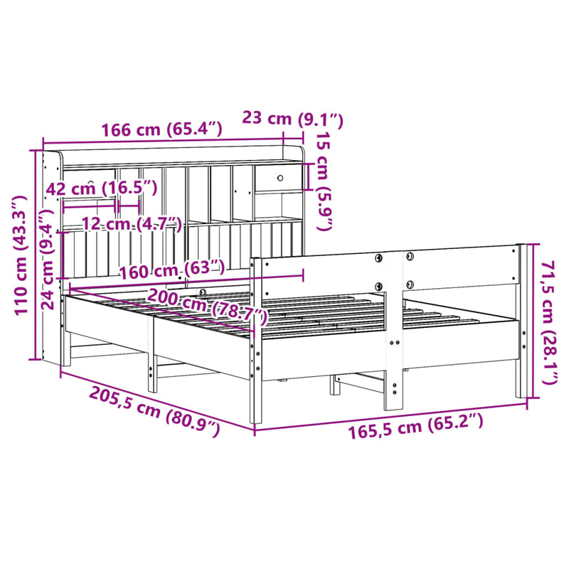 Seng med bokhylle uten madrass hvit 160x200 cm heltre furu