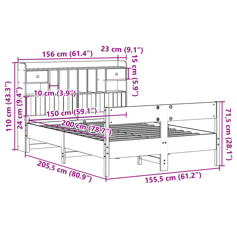 Seng med bokhylle uten madrass hvit 150x200 cm heltre furu