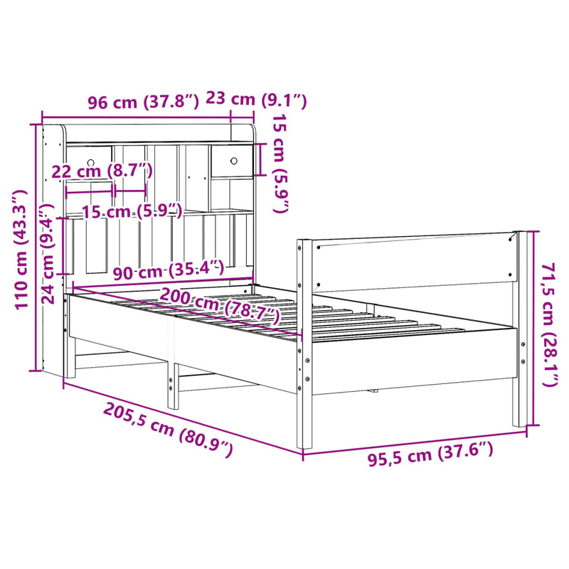 Seng med bokhylle uten madrass hvit 90x200 cm heltre furu