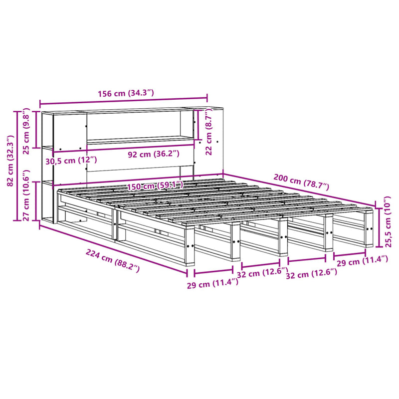 Seng med bokhylle uten madrass 150x200 cm heltre