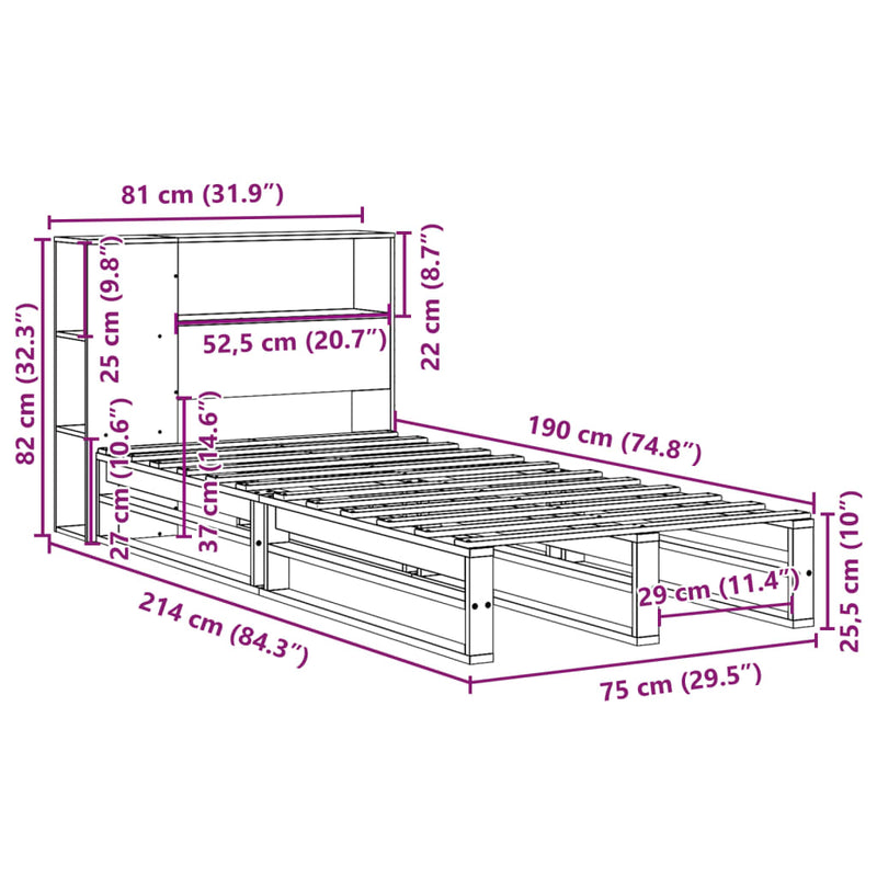 Seng med bokhylle uten madrass voksbrun 75x190 cm heltre