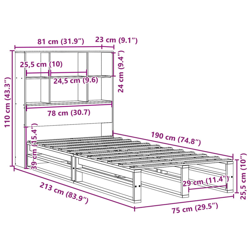 Seng med bokhylle uten madrass 75x190 cm heltre