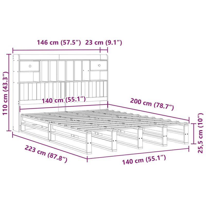 Seng med bokhylle uten madrass hvit 140x200 cm heltre furu