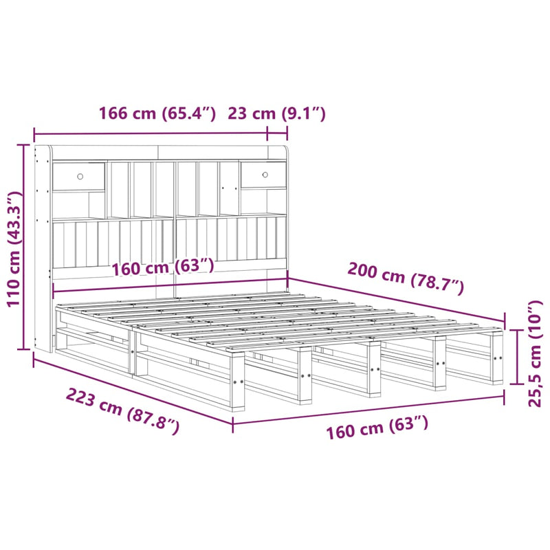 Seng med bokhylle uten madrass 160x200 cm heltre furu