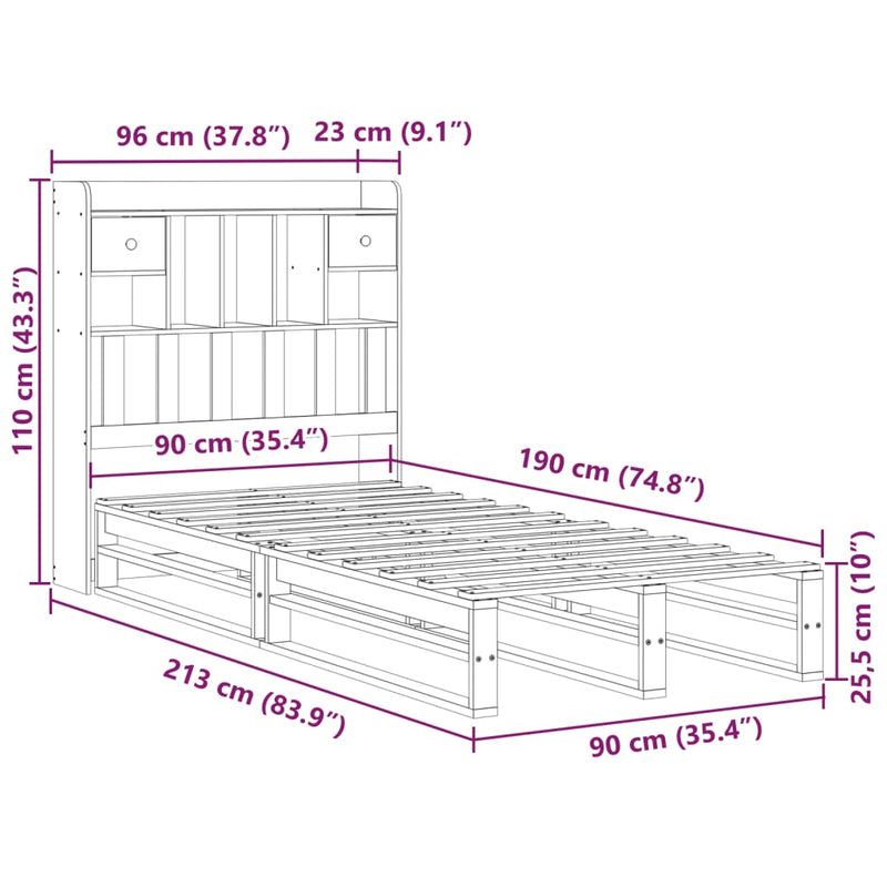 Seng med bokhylle uten madrass 90x190 cm heltre furu