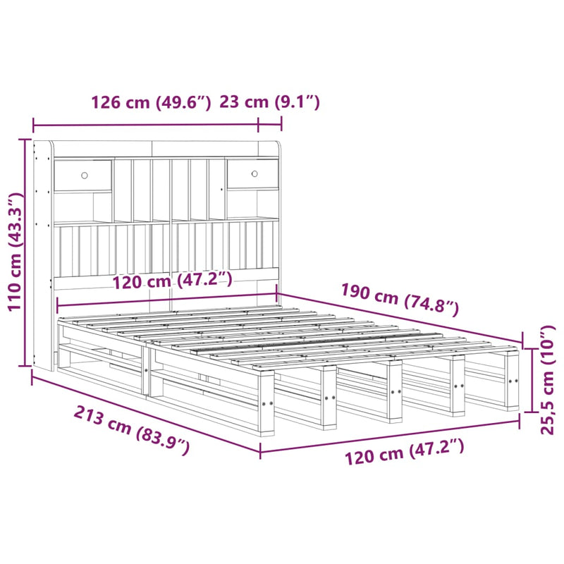 Seng med bokhylle uten madrass hvit 120x190 cm heltre furu