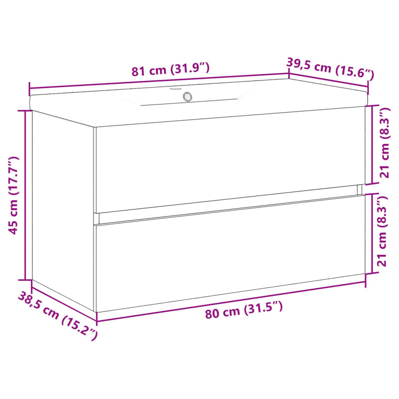 Vaskskap med innebygd vask artisan eik 81x39,5x49 cm