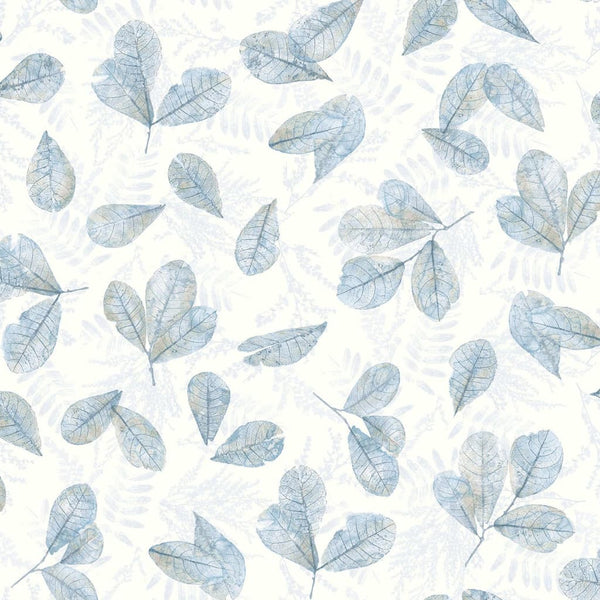 Evergreen Veggtapet Leaves hvit og blå