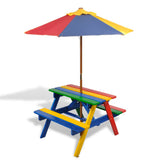 Barns piknikbord med benker og parasoll flerfarget tre