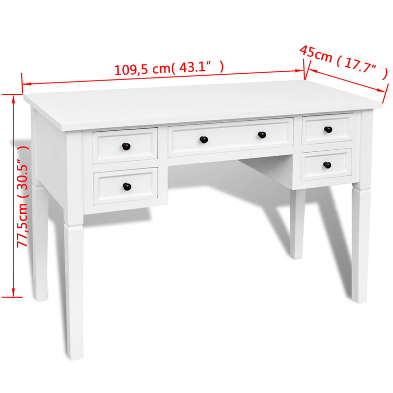Skrivebord med 5 skuffer hvit