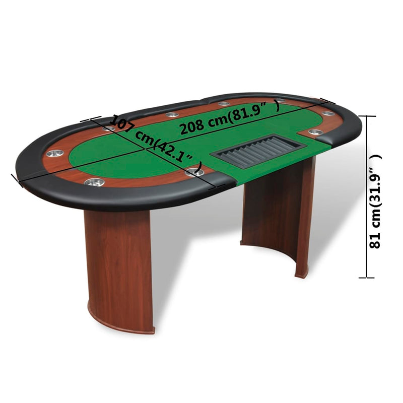 10-spiller pokerbord med dealer-område og chip-skuff grønn