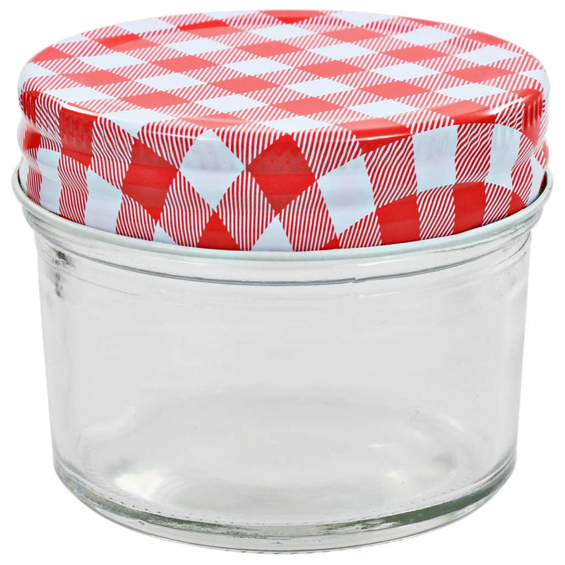Syltetøyglass med hvite og røde lokk 48 stk 110 ml