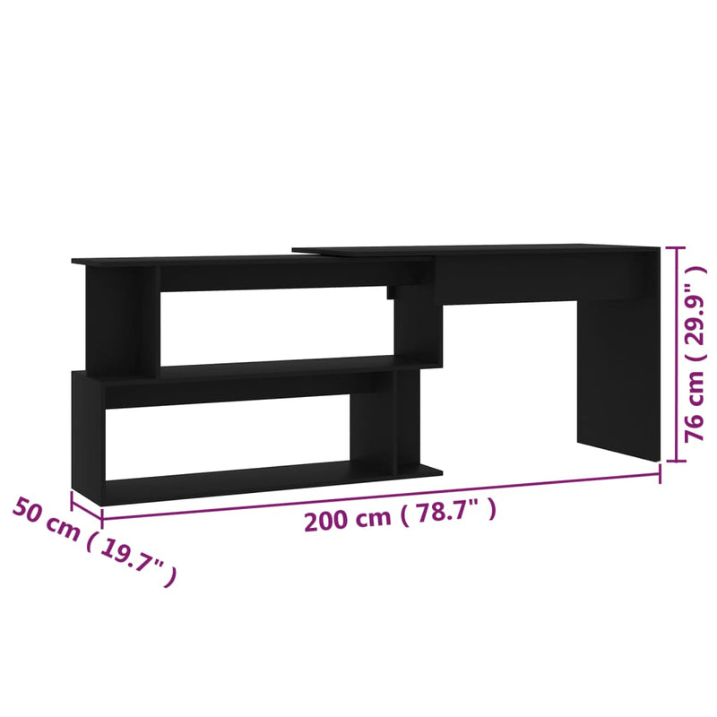 Hjørneskrivebord svart 200x50x76 cm sponplate
